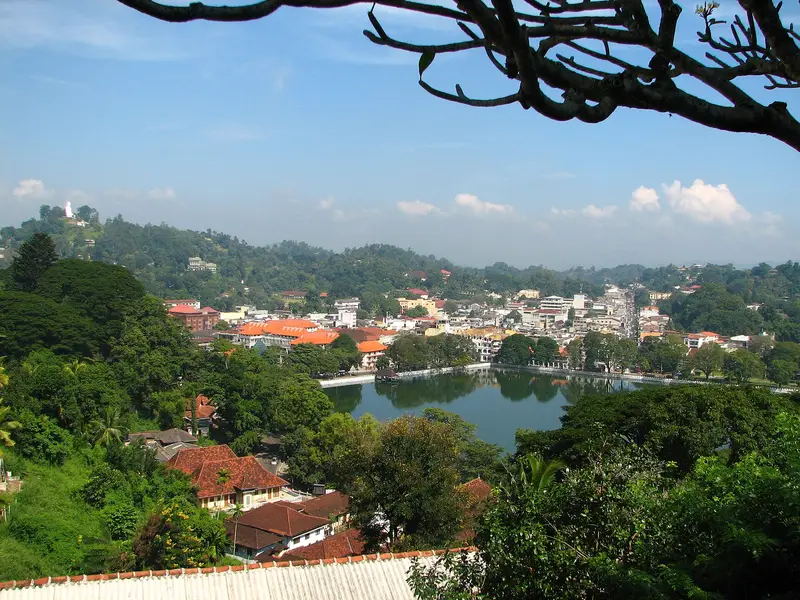 View over Kandy city and its lake surrounded by green hills