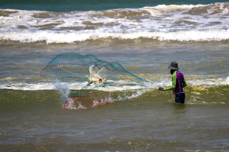 A surfer in the waves on the Sri Lankan coast